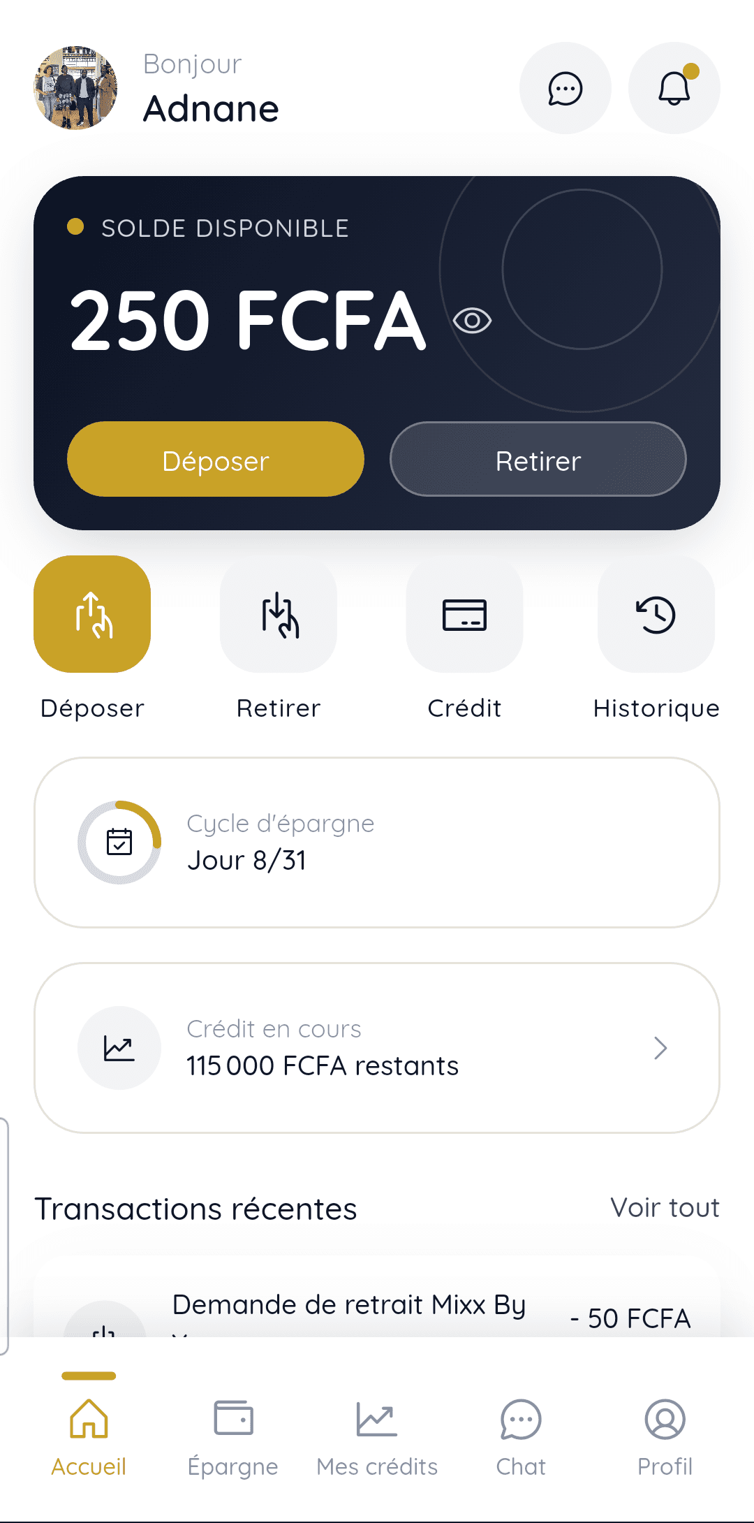 Tableau de bord VIAFINANCE : solde disponible, cycle d'épargne, entraide financière en cours